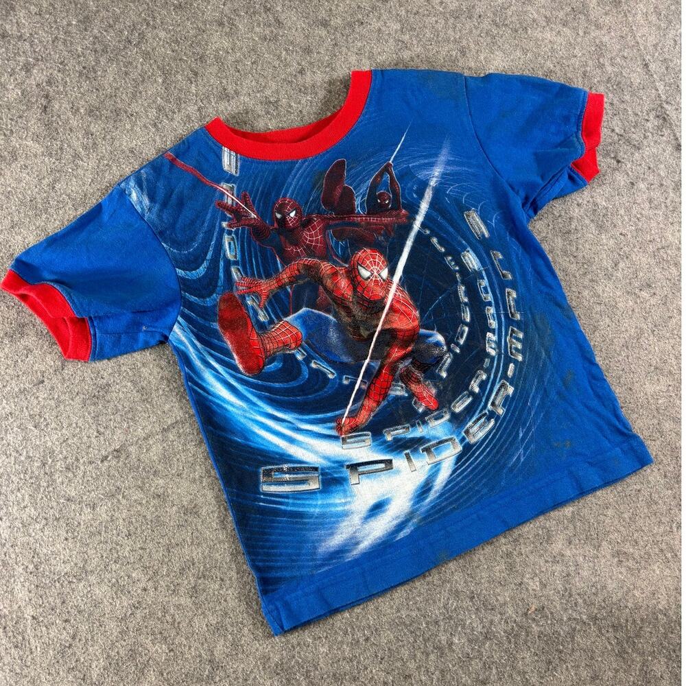 Marvel Spider-Man 3 Shirt Kids Size 7 Blue Movie Cartoon Ringer Graphic Tee Y2K